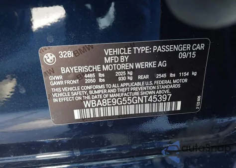 2016 BMW 328I из США, поврежденный, VIN WBA8E9G55GNT45397